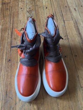 Orange Leather High-Top Sneakers with Brown Wrap Laces